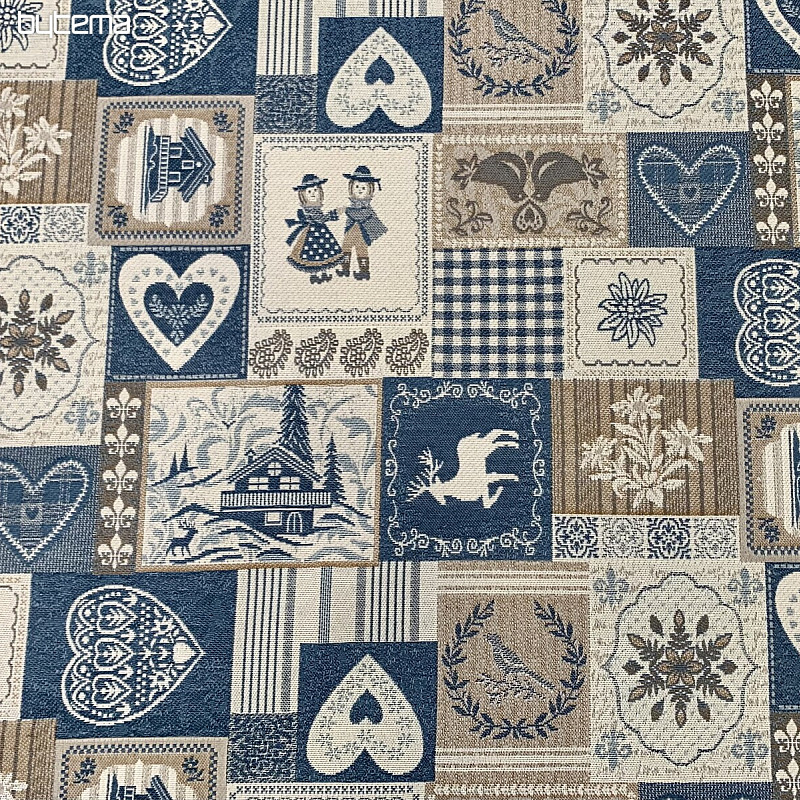 Dekoratív jacquard szövet PATCHWORK HEARTS BLUE