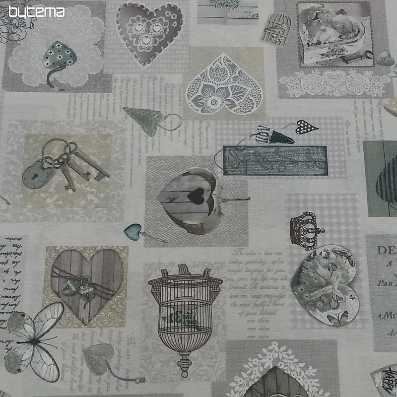 Dekoratív szövet HEART SHABBY zöld