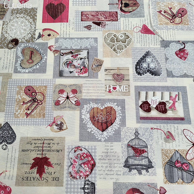 Dekoratív szövet HEART SHABBY bordó